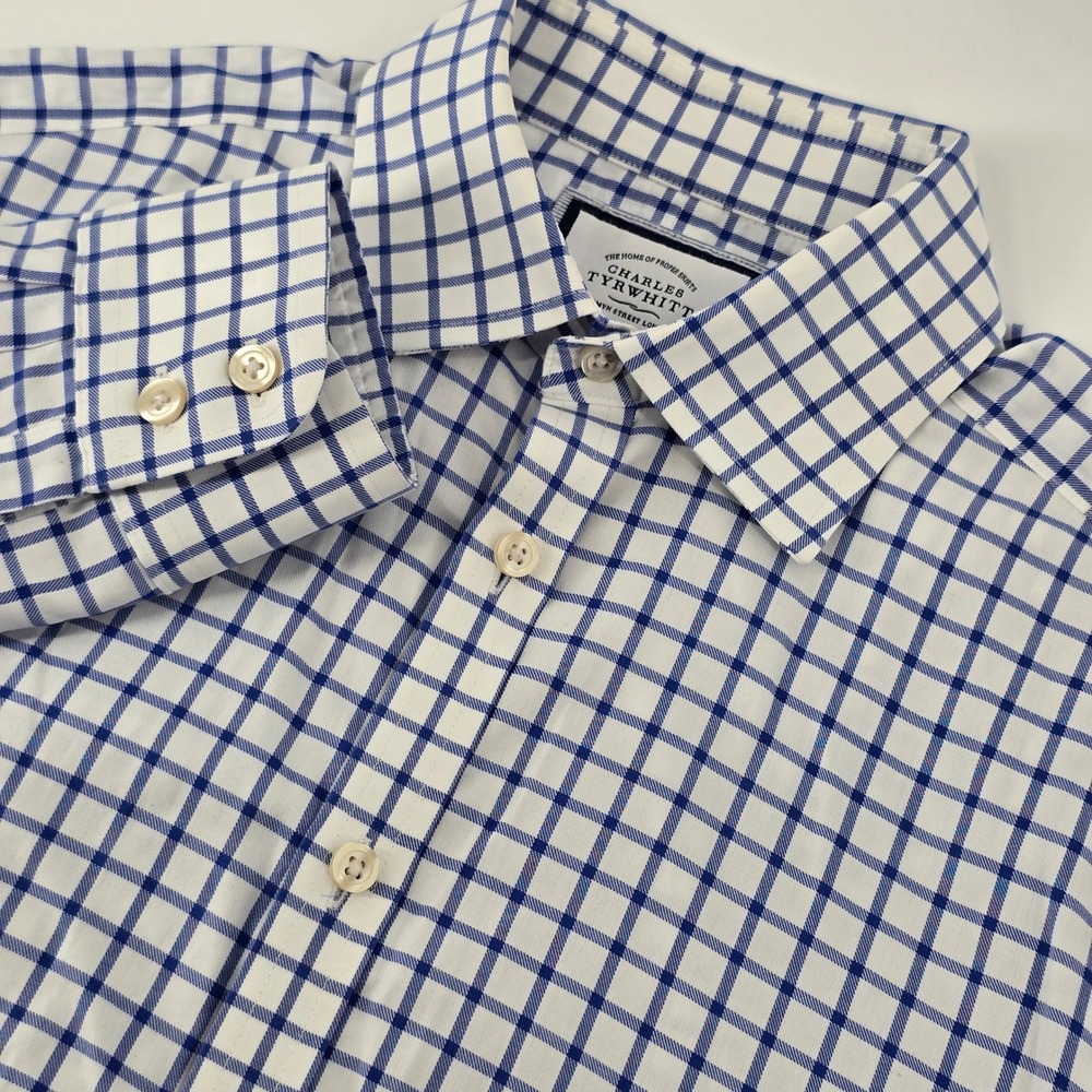 Charles Tyrwhitt Shirt Mens 15.5/32 Blue White Tattersall Extra Slim Non-Iron